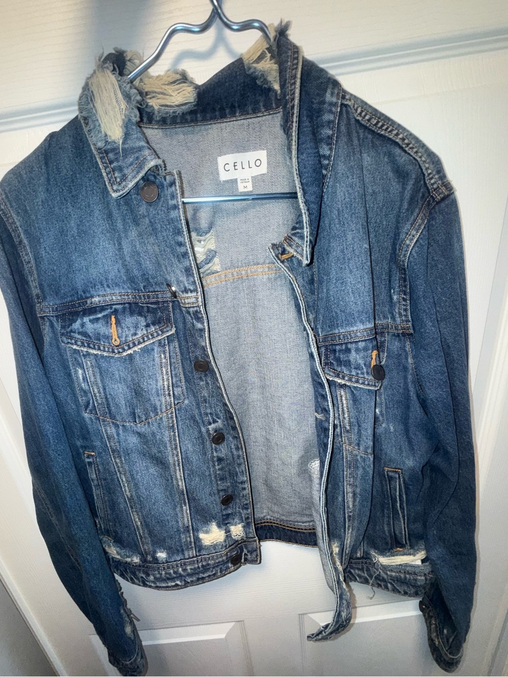Cello Distressed Blue Jean Jacket with Frayed Collar